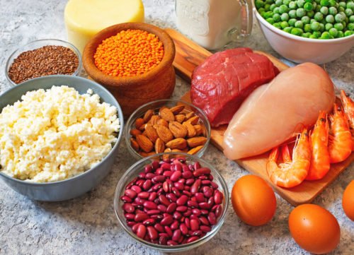 Sources de protéines végétales et animales - haricots au fromage de poulet, noix, œufs, bœuf, crevettes, pois - perte de poids malsaine
