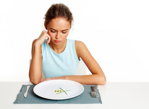 Femme triste en regardant assiette vide