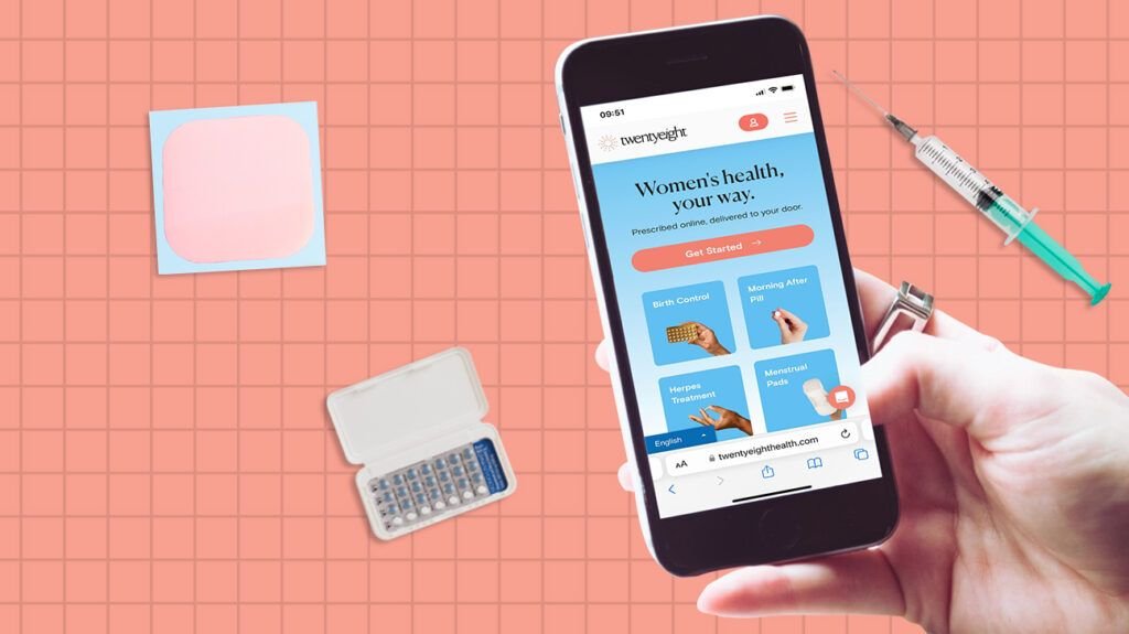 Le site Web TwentyEight Health sur l'écran d'un smartphone avec la pilule contraceptive, le patch et l'injection autour.