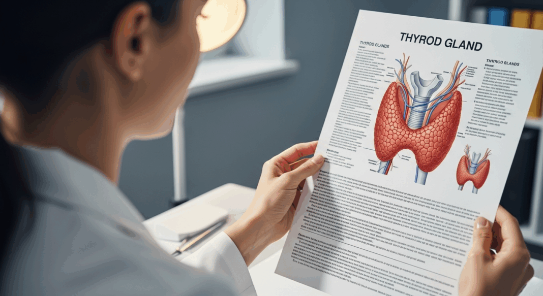 A person looking at a medical chart with thyroid gland illustration