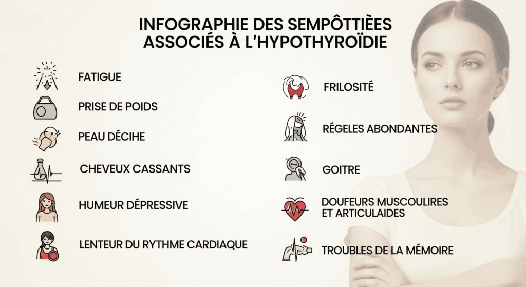 Infographie des symptômes associés à l'hypothyroïdie