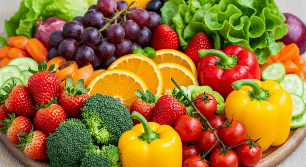Plateau de fruits et légumes colorés