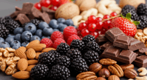 Une variété d'aliments riches en antioxydants, y compris les baies, les noix et le chocolat noir.