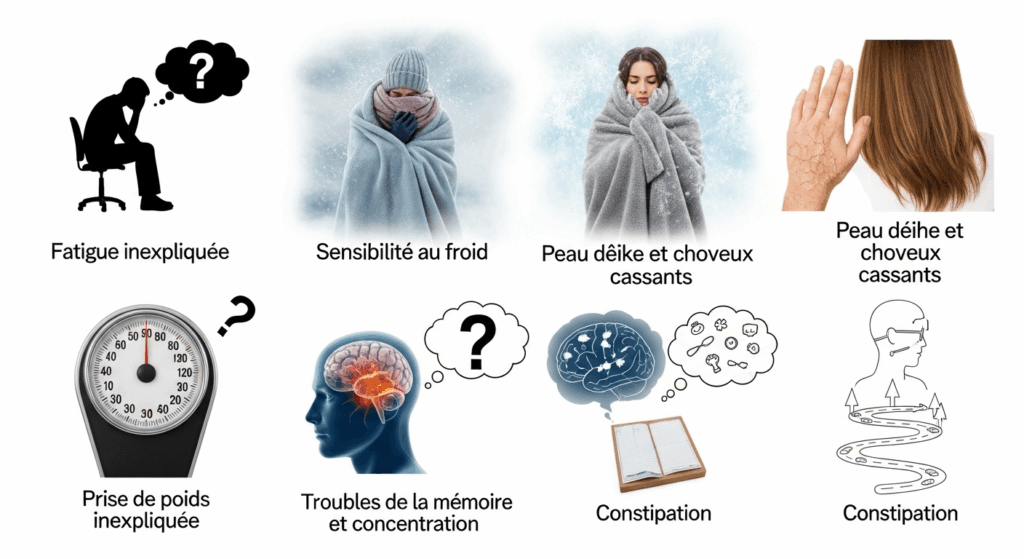 Représentation visuelle de divers symptômes sous-estimés de l'hypothyroïdie